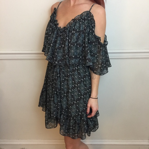 MISA Black Floral Cold Shoulder Ruffle Mini Dress - Picture 7 of 8